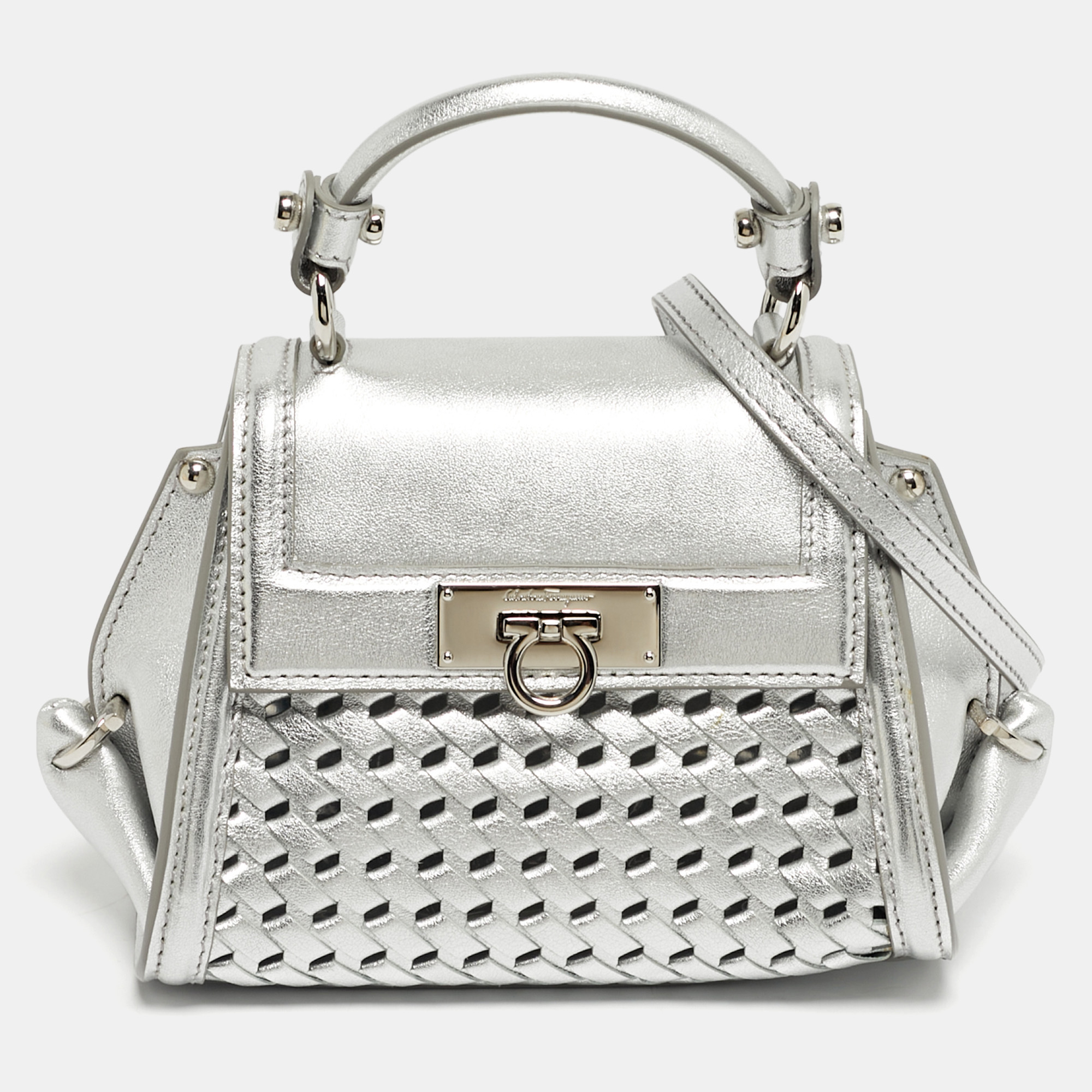 

Salvatore Ferragamo Silver Woven Effect Leather Mini Sofia Top Handle Bag