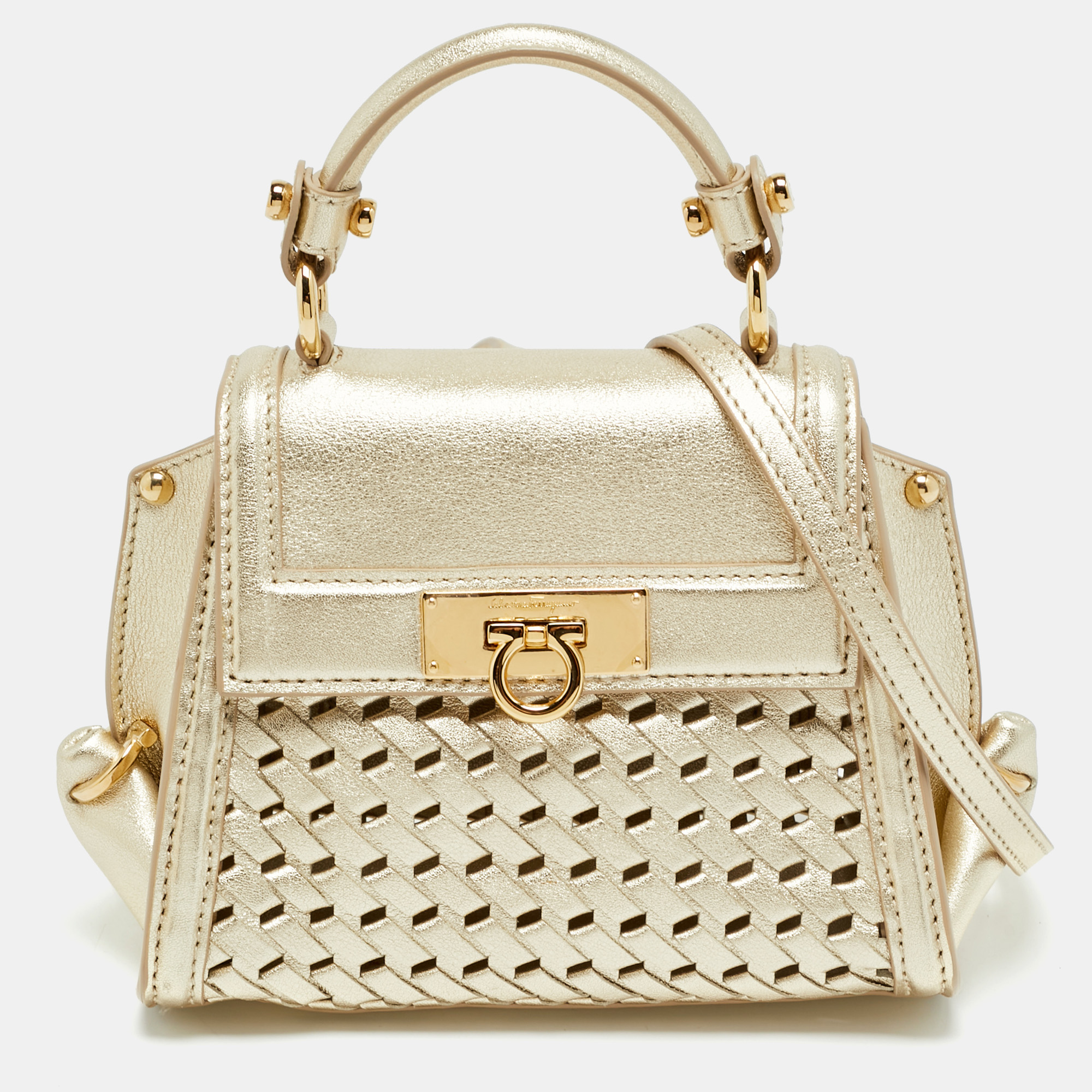 

Salvatore Ferragamo Metallic Gold Leather Top Handle Bag