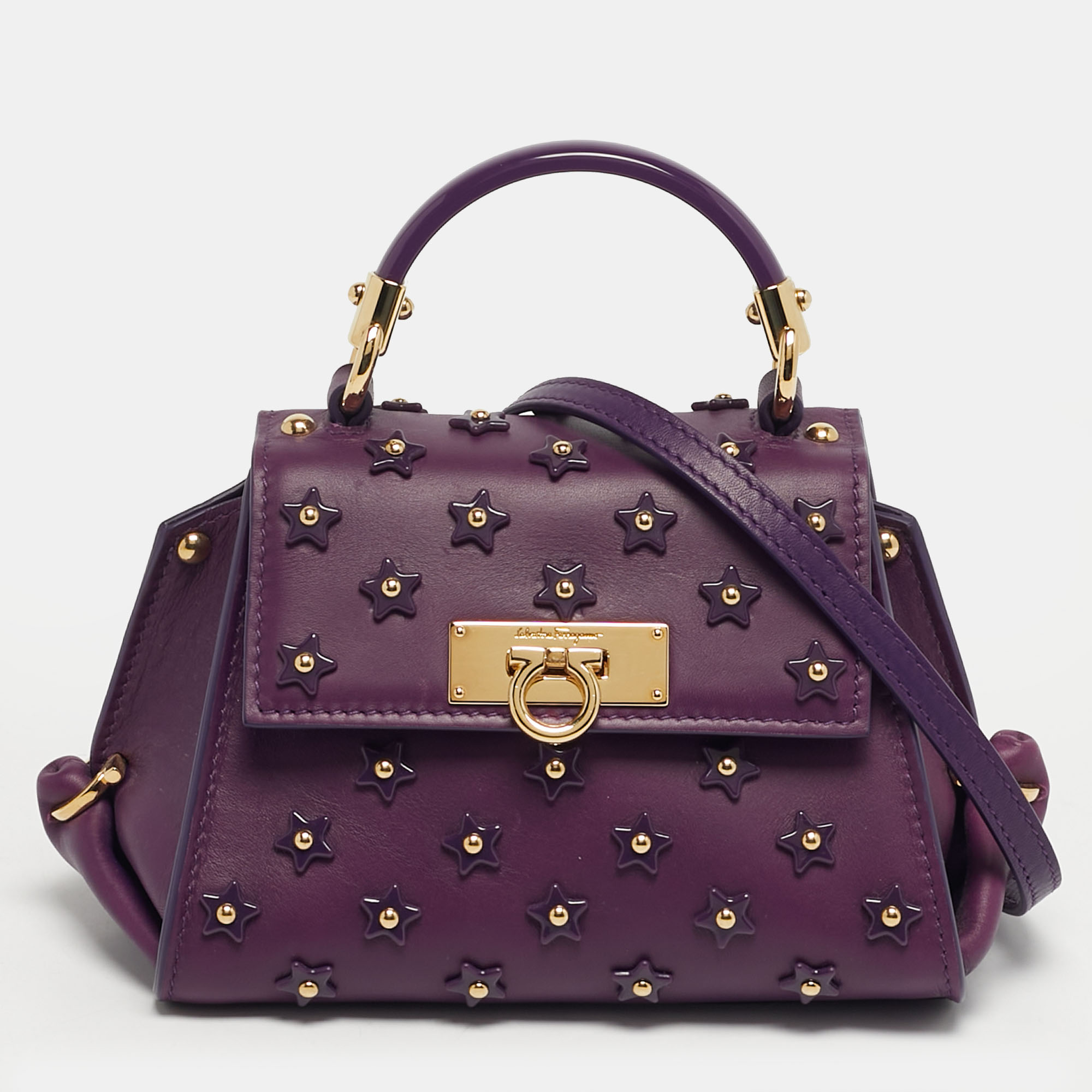 

Salvatore Ferragamo Sofia Mini Purple Leather Star Embellished Top Handle Bag
