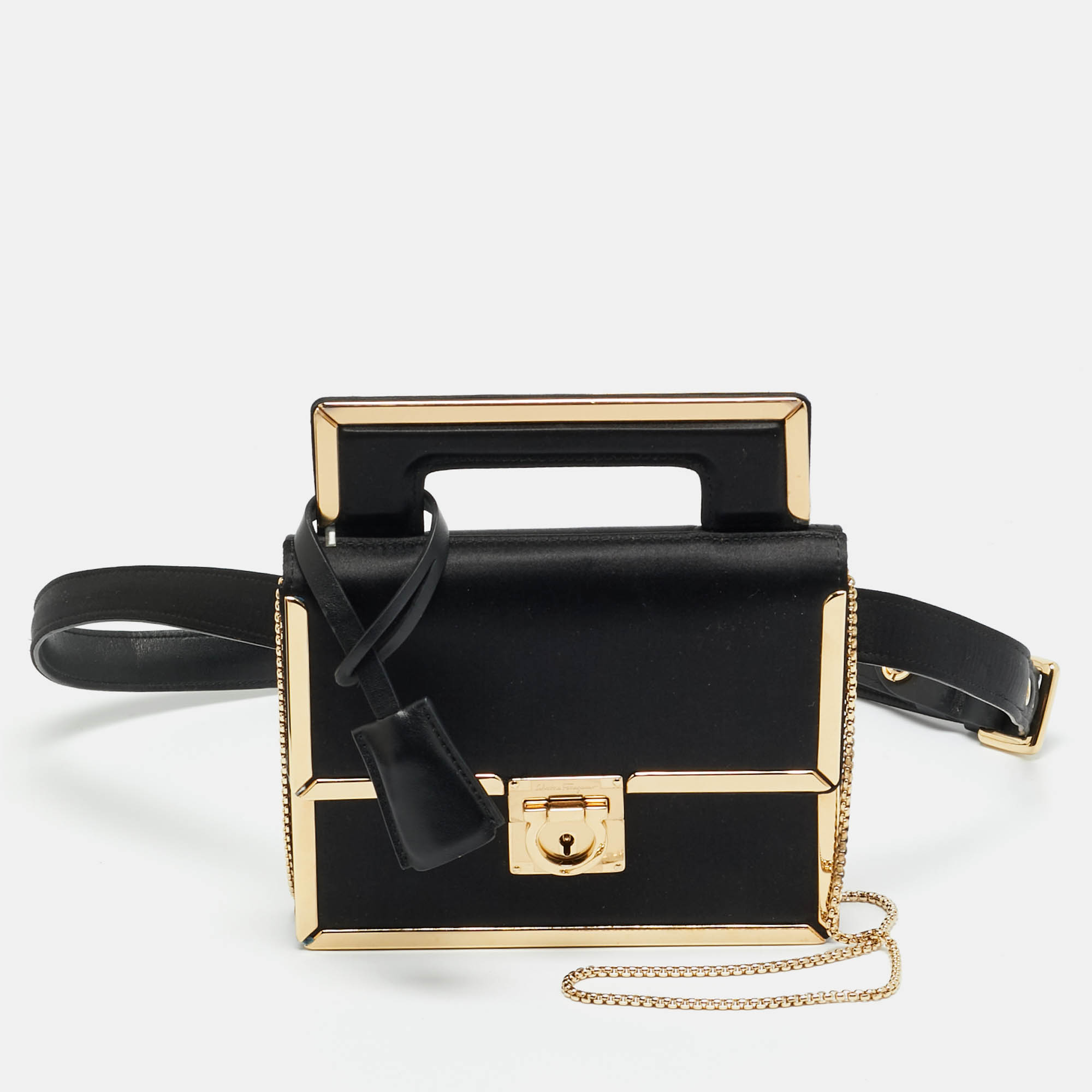 

Salvatore Ferragamo Aileen Frame Black Satin Chain/Belt Bag