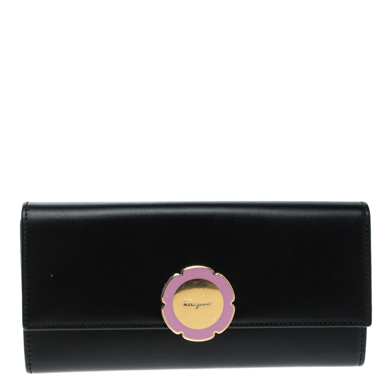 Salvatore Ferragamo Black Leather Flower Lock Continental Wallet Salvatore  Ferragamo