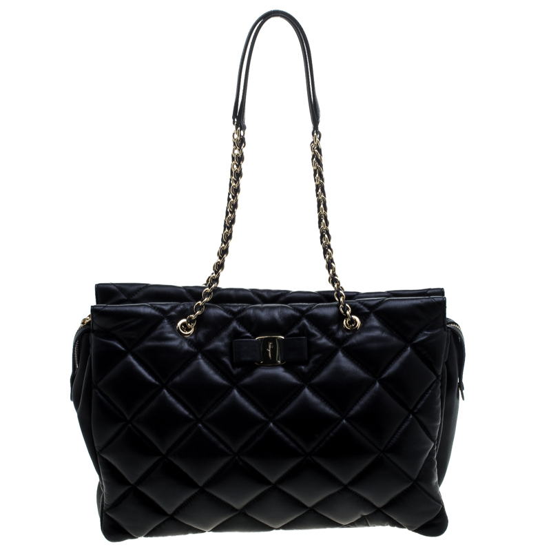 Pre Owned حقيبة كتف سالفاتوري فيراغامو سلسلة غينت جلد مبطنة سوداء