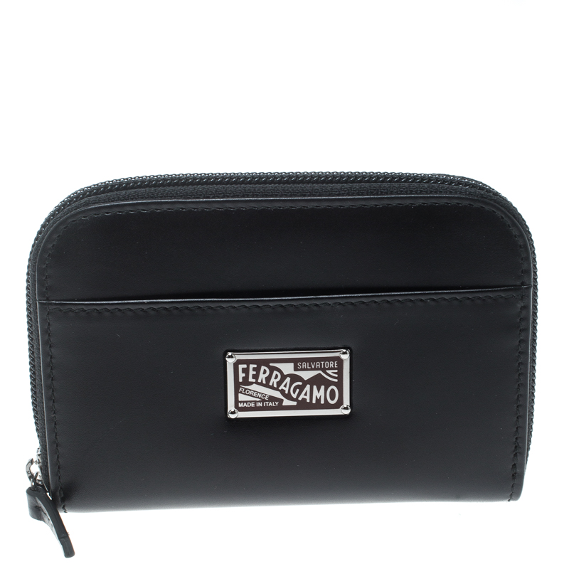 Pre Owned محفظة سالفاتوري فيراغامو سحاب ملتف بادج شعار جلد سوداء