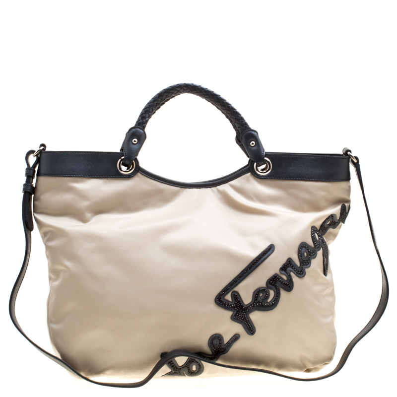 Pre Owned Salvatore Ferragamo Beige Nylon Top Handle Bag