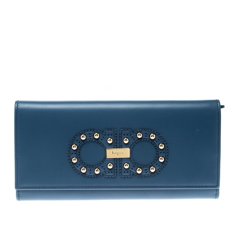 Pre Owned Salvatore Ferragamo Blue Leather Logo Studded Continental Wallet