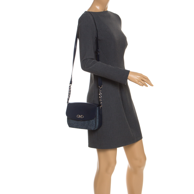 

Salvatore Ferragamo Blue Leather and Fabric Gancini Crossbody Bag