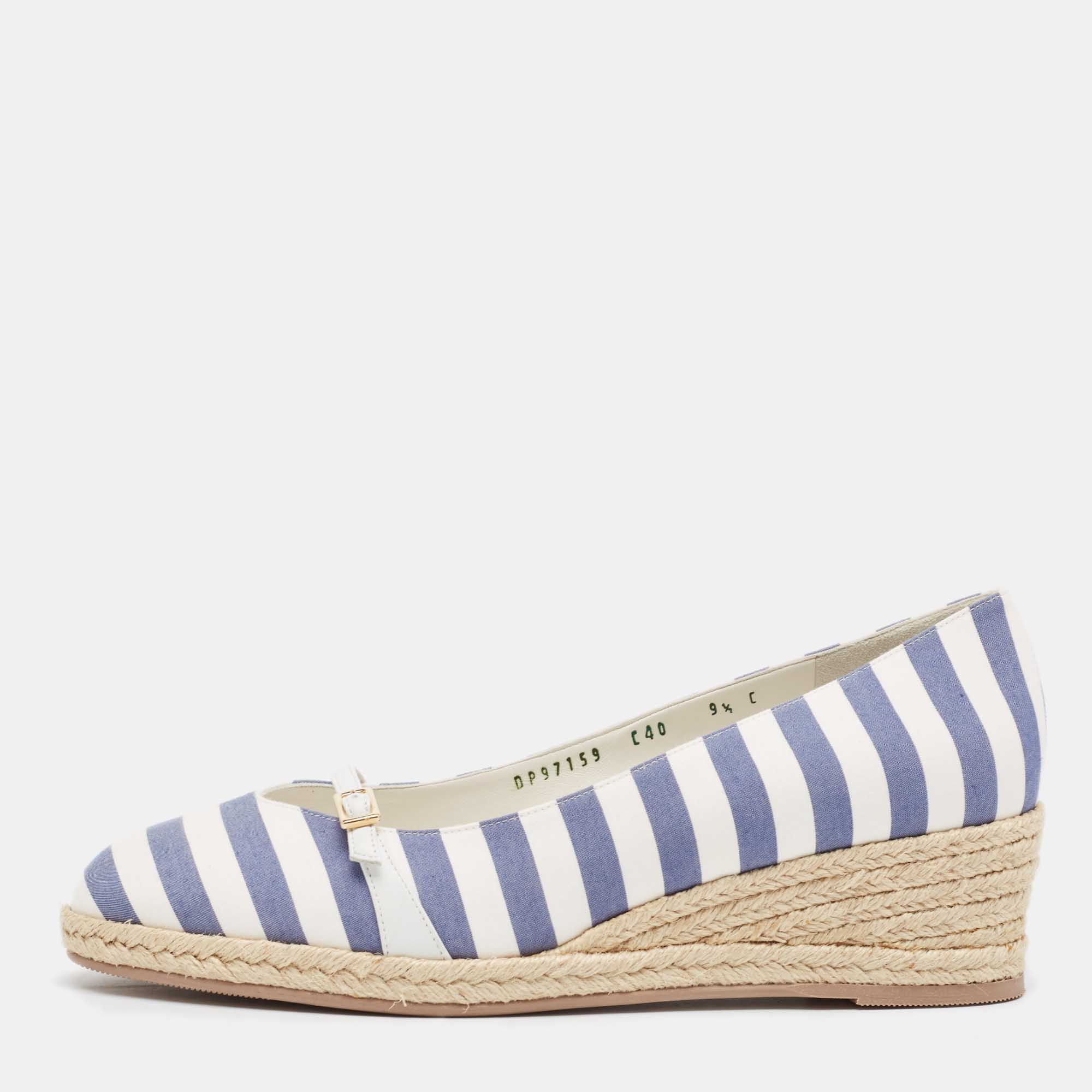 

Salvatore Ferragamo Blue/White Striped Fabric Audrey Wedge Espadrille Pumps Size 40