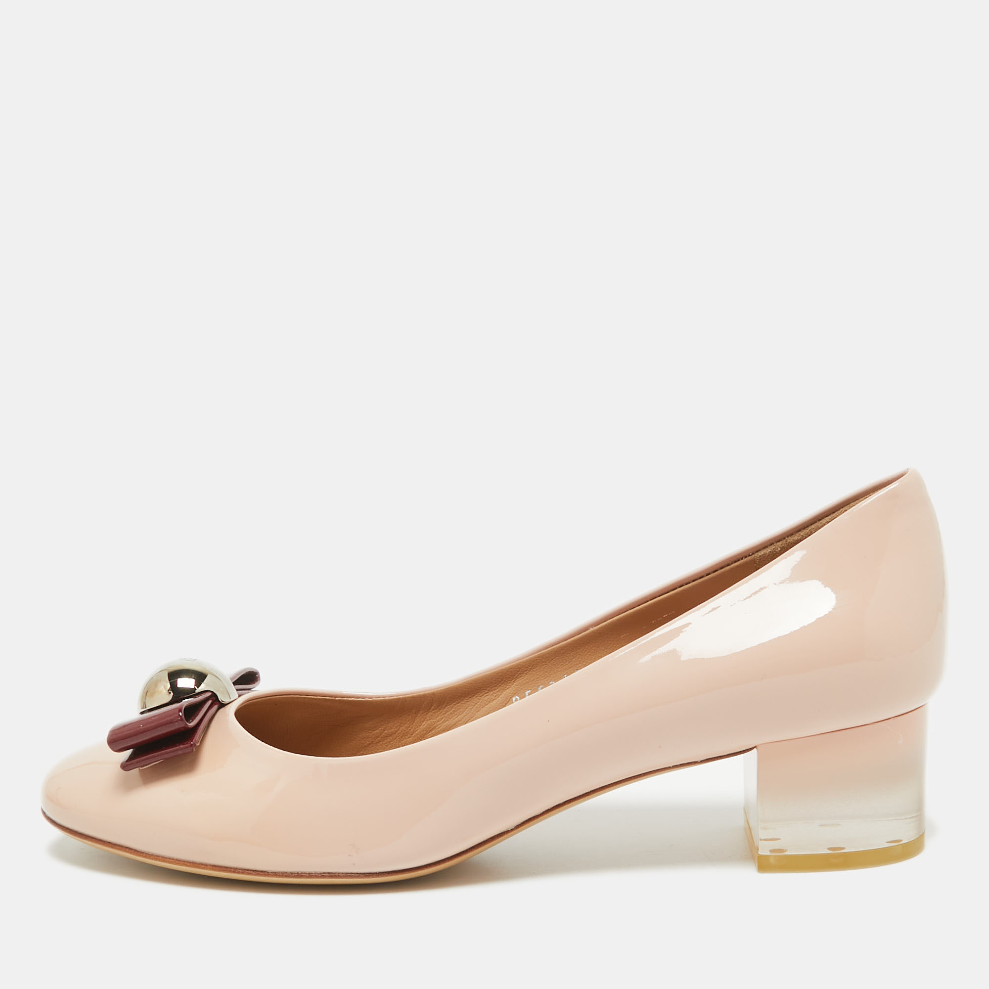 

Salvatore Ferragamo Beige Patent Leather Missy Block Heel Pumps Size