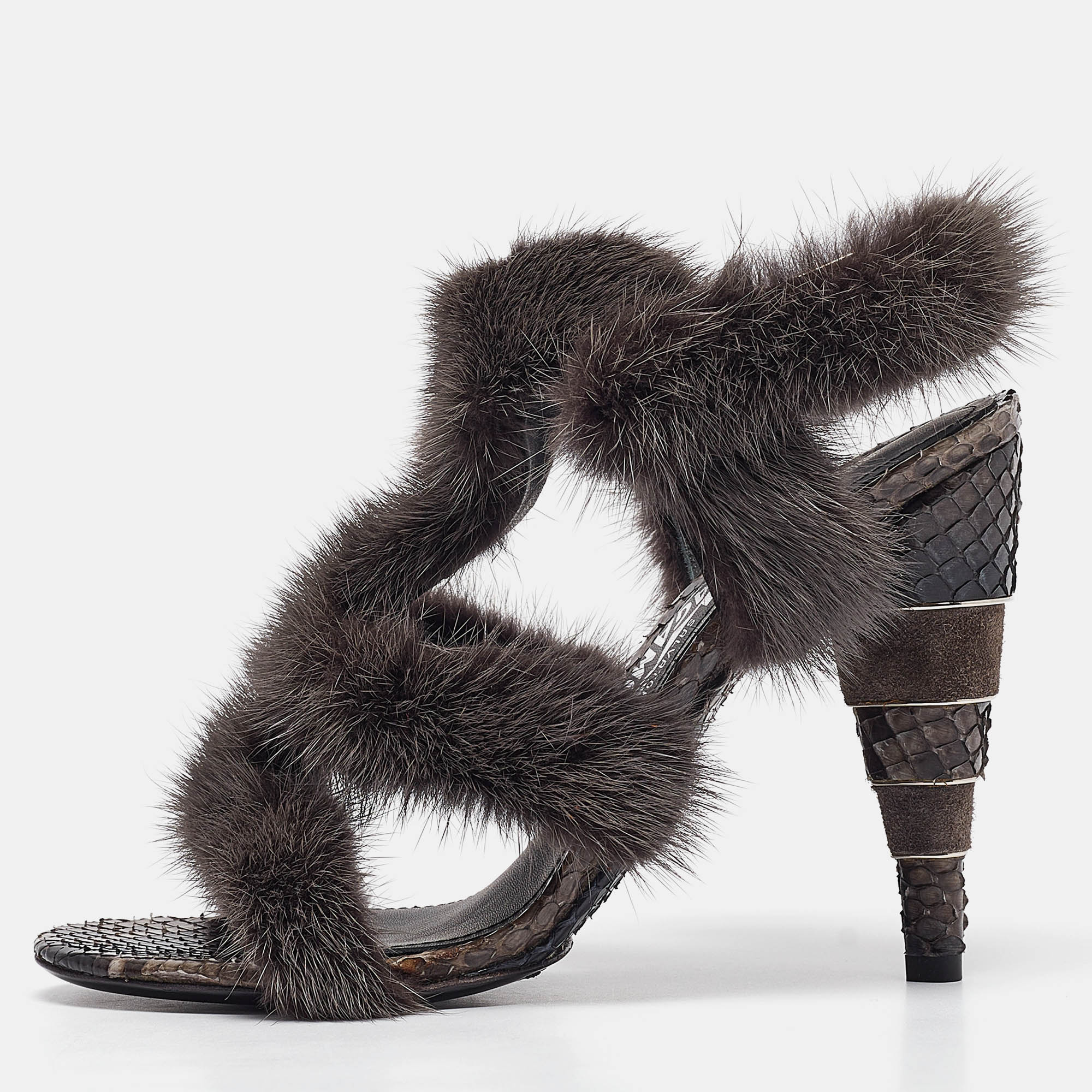 

Salvatore Ferragamo Grey Fur Python Leather Ankle Strap Sandals 36.5