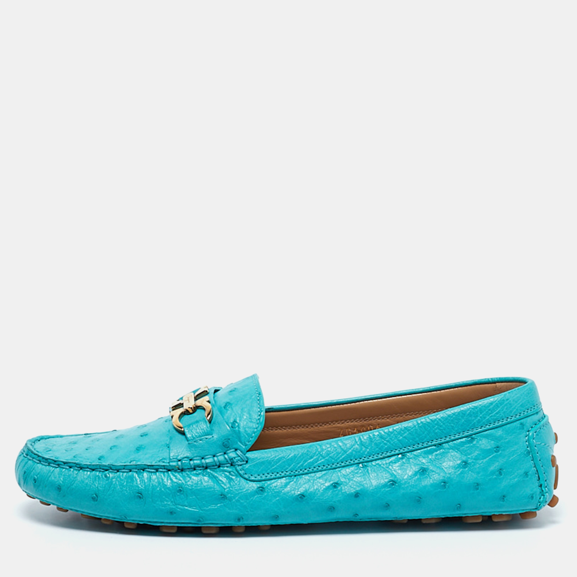 

Salvatore Ferragamo Turquoise Ostrich Leather Saba Loafers Size 40.5, Blue