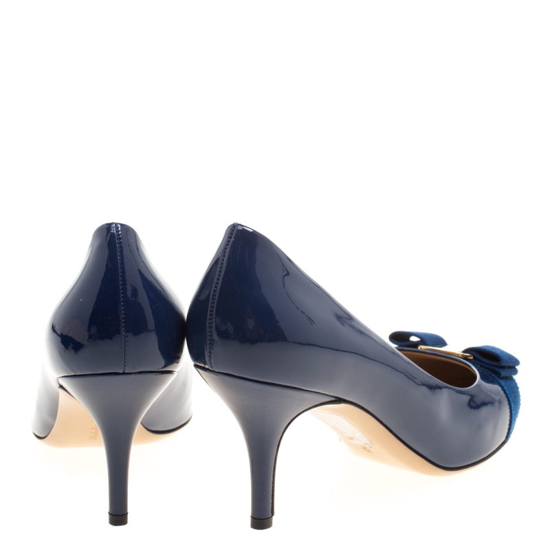 Salvatore Ferragamo Carla Bow Pumps in Navy Patent Leather — UFO No More