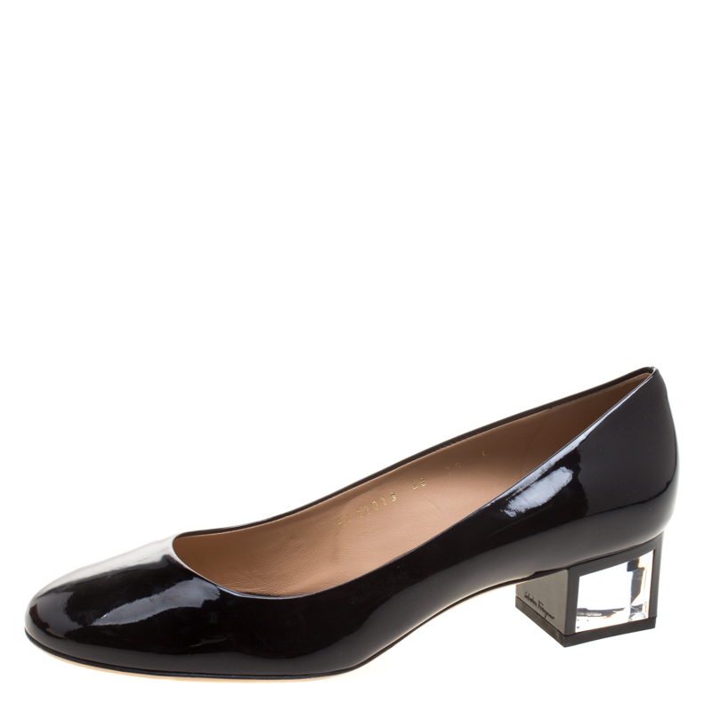 Pre Owned Salvatore Ferragamo Black Patent Leather Ninfea Lucite Block Heel Pumps Size 40.5