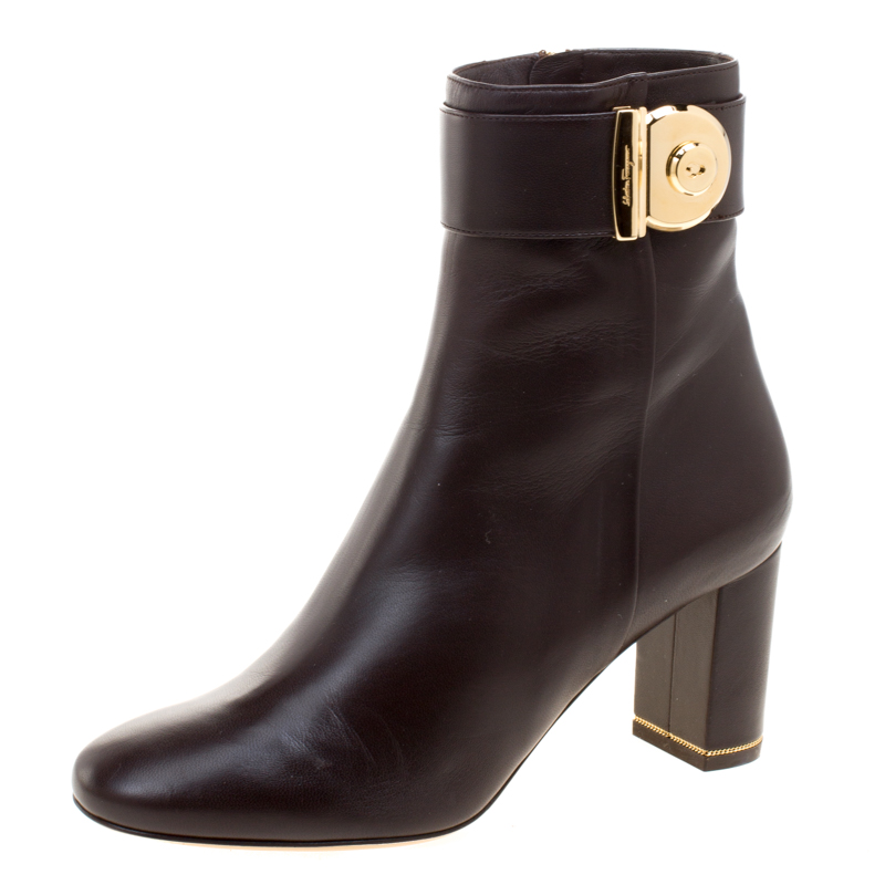Pre Owned Salvatore Ferragamo Chocolate Brown Leather Fiamma Ankle Boots Size 39