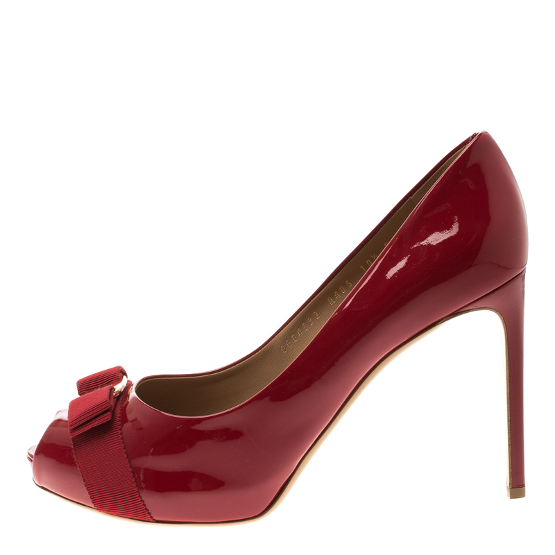 

Salvatore Ferragamo Red Patent Leather Plum Peep Toe Platform Pumps Size