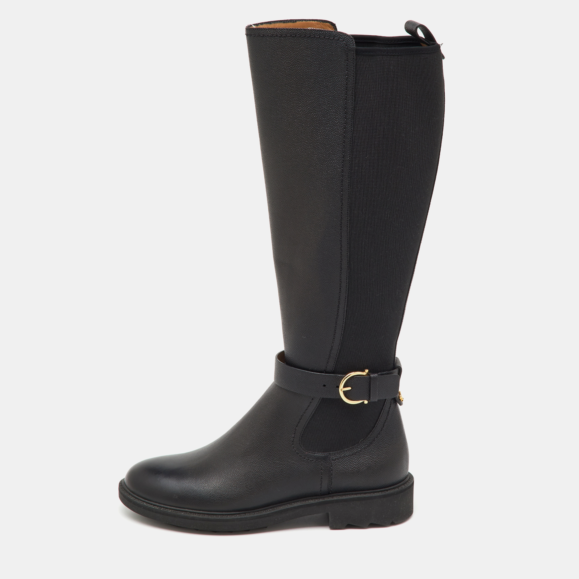 Salvatore Ferragamo Black Leather and Stretch Fabric Furseo Knee Length Boots Size 36.5