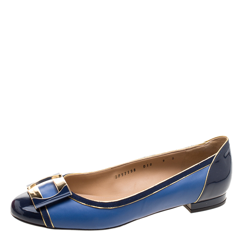 Salvatore Ferragamo Blue Leather And Suede Missy Ballet Flats Size 39.5