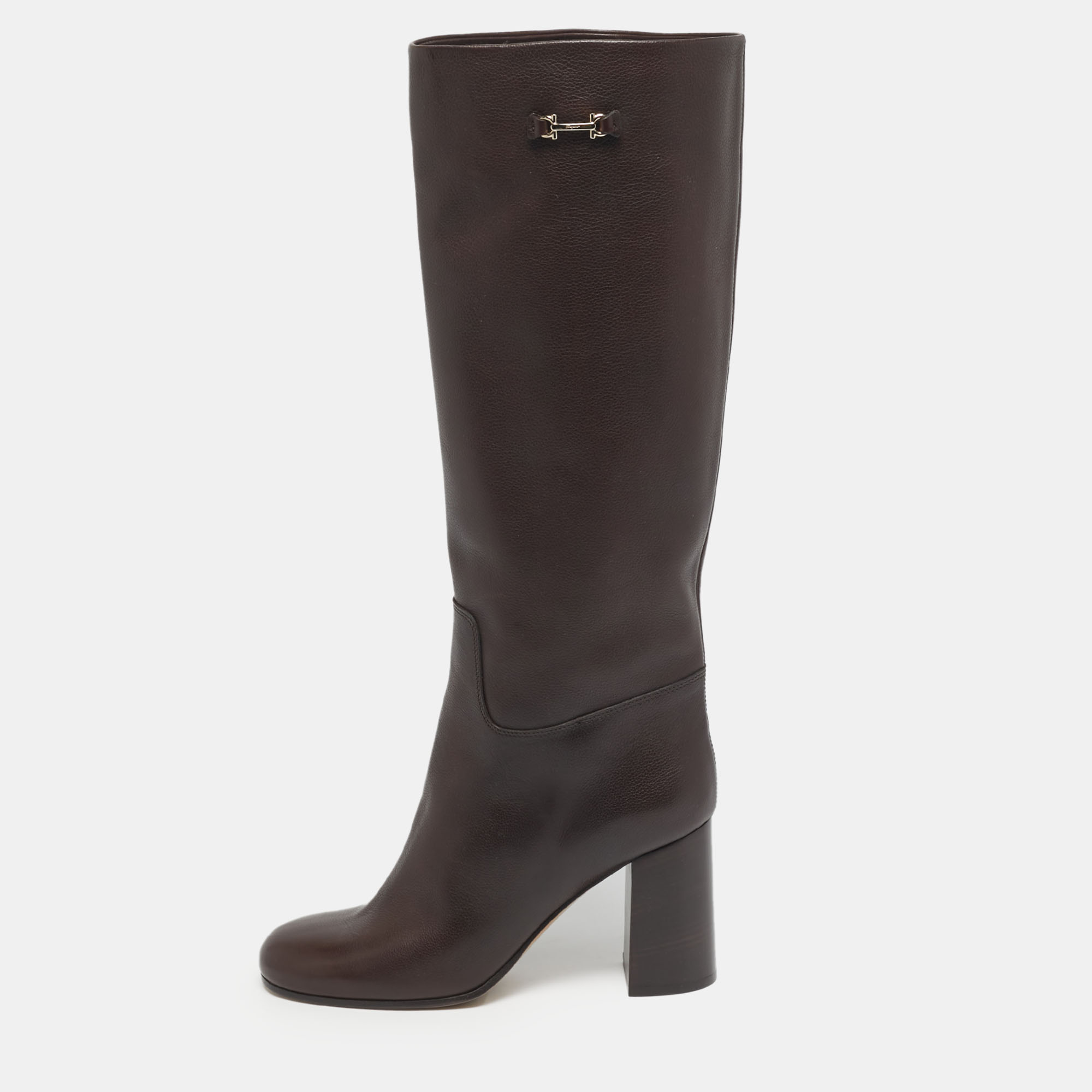 Salvatore Ferragamo Brown Leather Ovidio Knee Length Boots Size 37.5