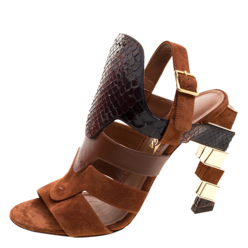 

Salvatore Ferragamo Tricolor Suede and Python Laos Strappy Sandals Size, Brown