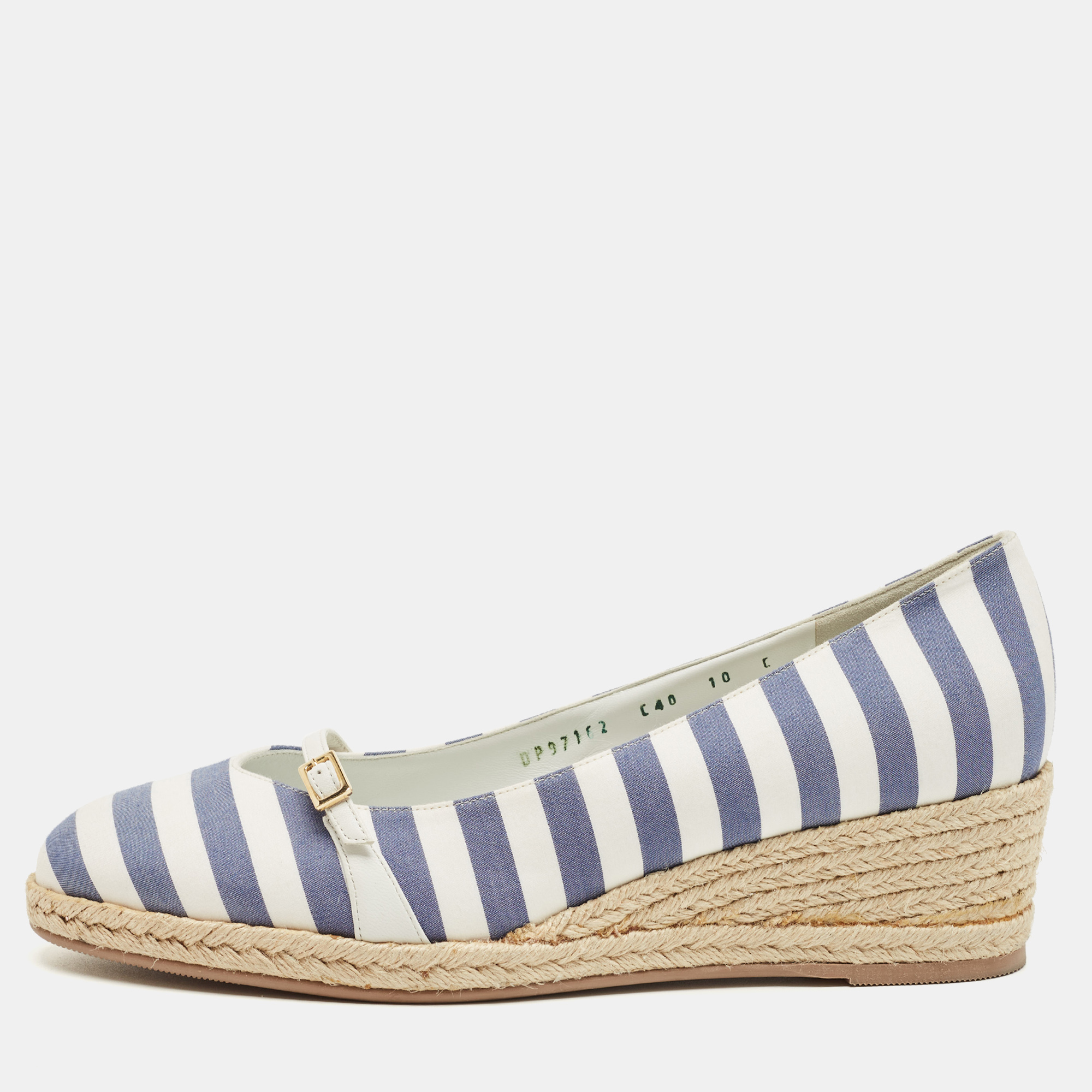 

Salvatore Ferragamo Blue/White Striped Fabric Audrey Wedge Espadrille Pumps Size 40.5