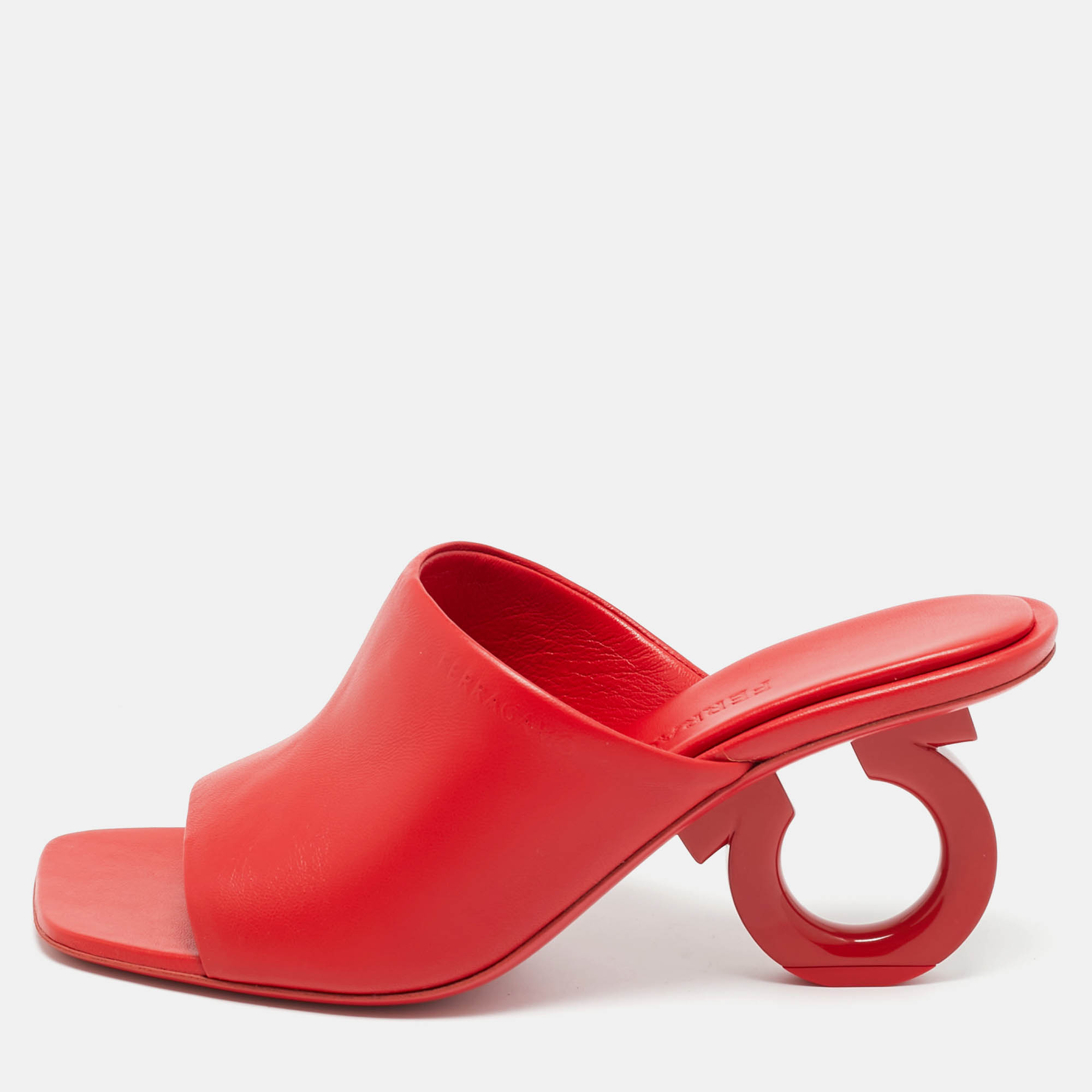 Pre-owned Ferragamo Red Leather Astro Slide Sandals Size 38.5