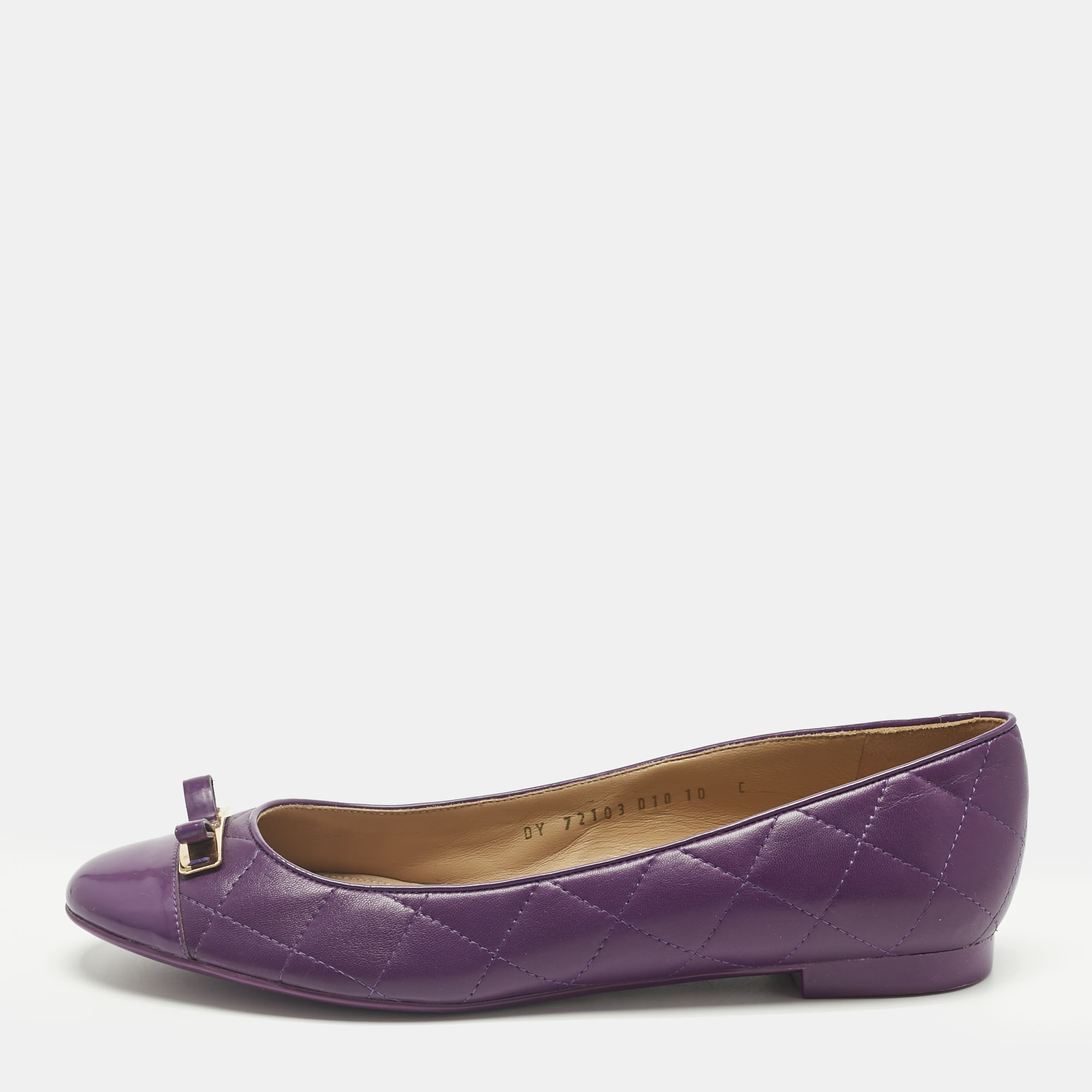 Pre-owned Ferragamo Purple Quilted Patent And Leather Bow Ballet Flats Size 40.5