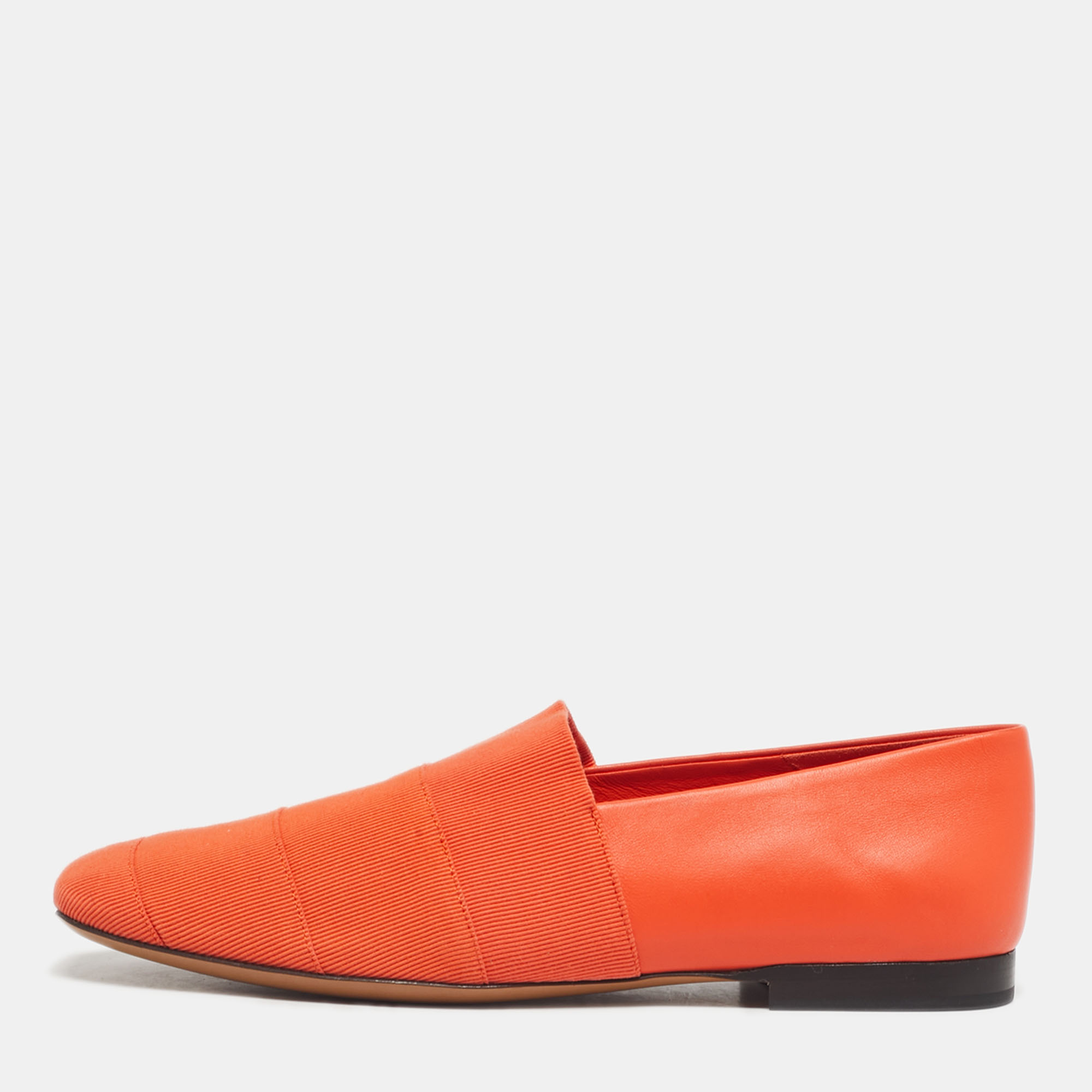 Pre-owned Ferragamo Orange Leather Panelled Grosgrain Smoking Slippers Size 38.5