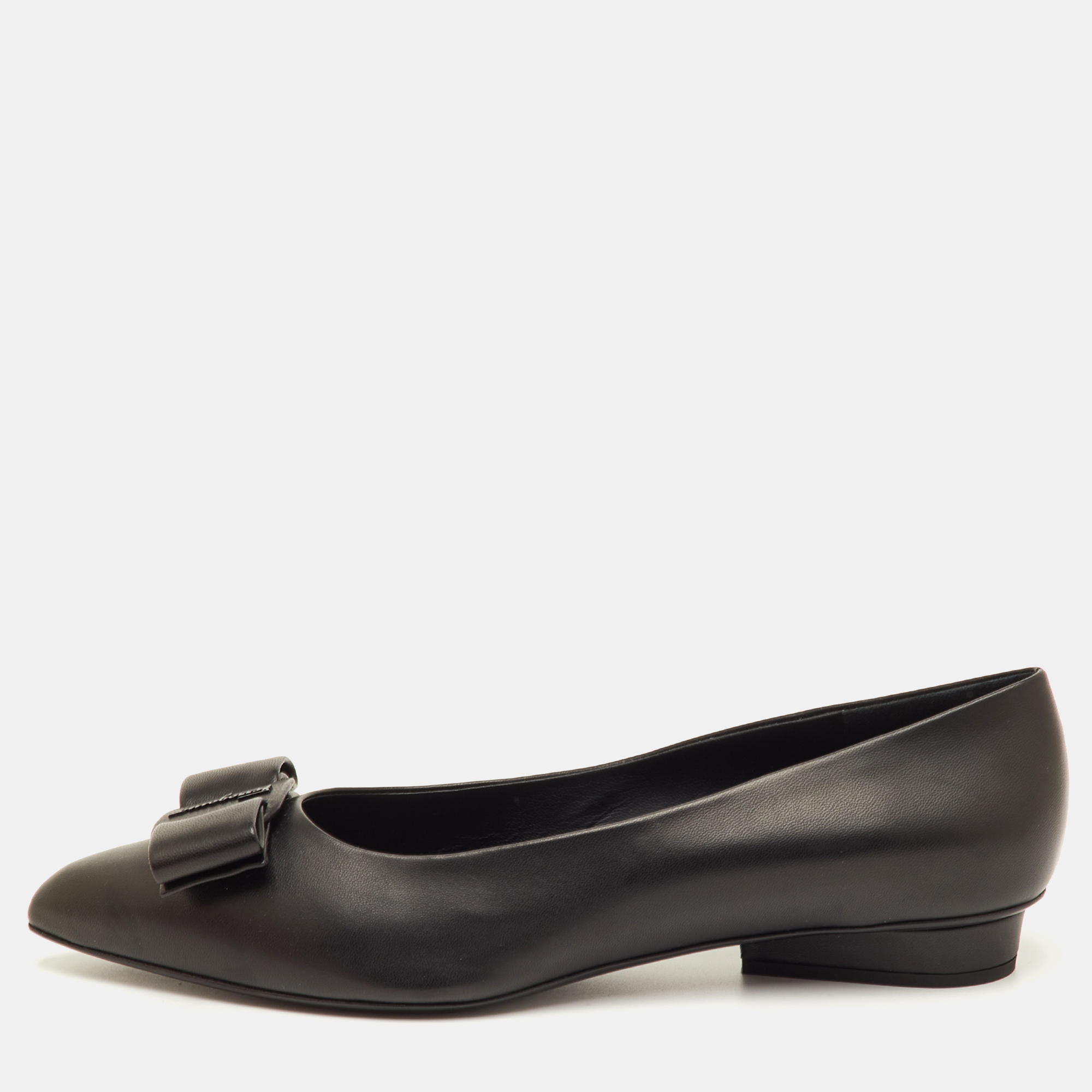 

Salvatore Ferragamo Viva Bow Size 41 Black Leather Ballet Flats