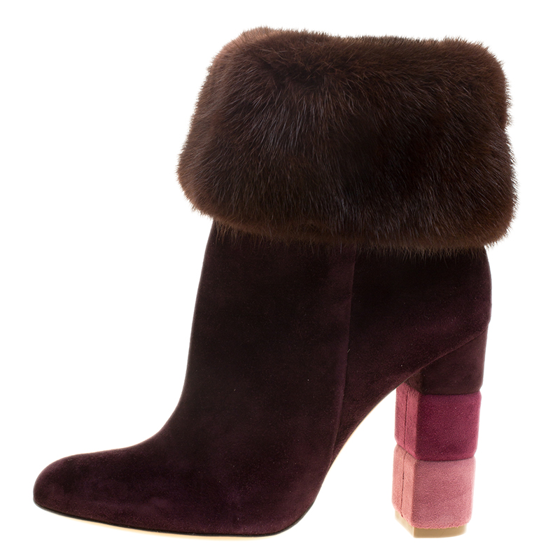 

Salvatore Ferragamo Burgundy Suede Loris Fur Trim Ankle Boots Size