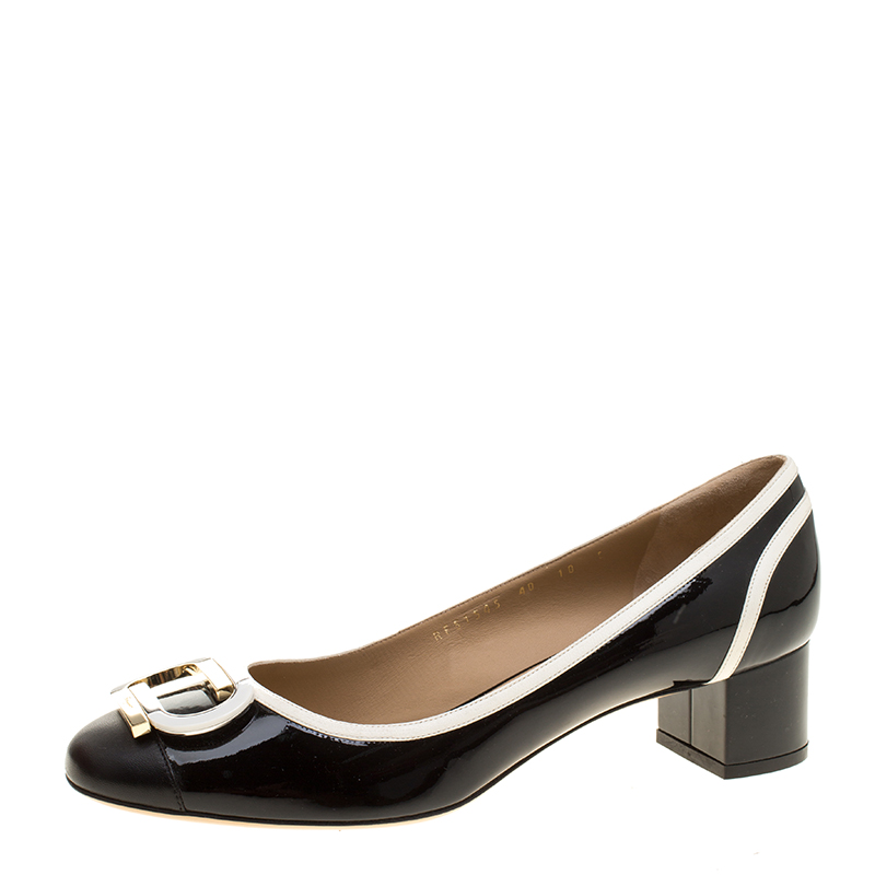 Salvatore Ferragamo Monochrome Patent Leather Gwen Block Heel Pumps Size 40.5