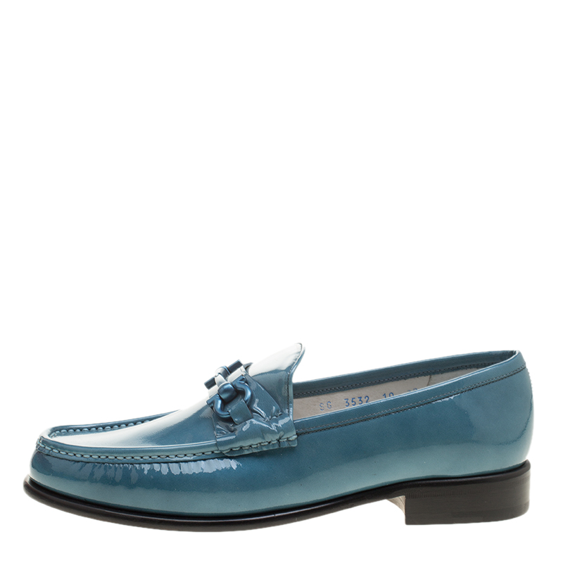 

Salvatore Ferragamo Women Teal Patent Leather Mason Gancio Bit Loafers Size, Blue
