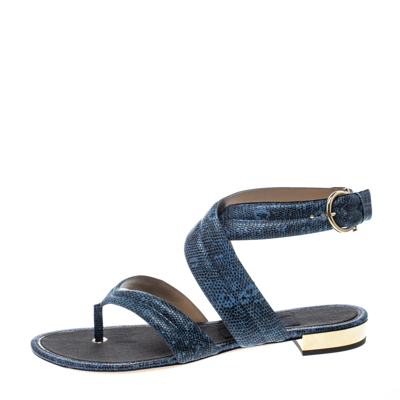 

Salvatore Ferragamo Blue Lizard Embossed Leather Magritta Cross Strap Flat Thong Sandals Size