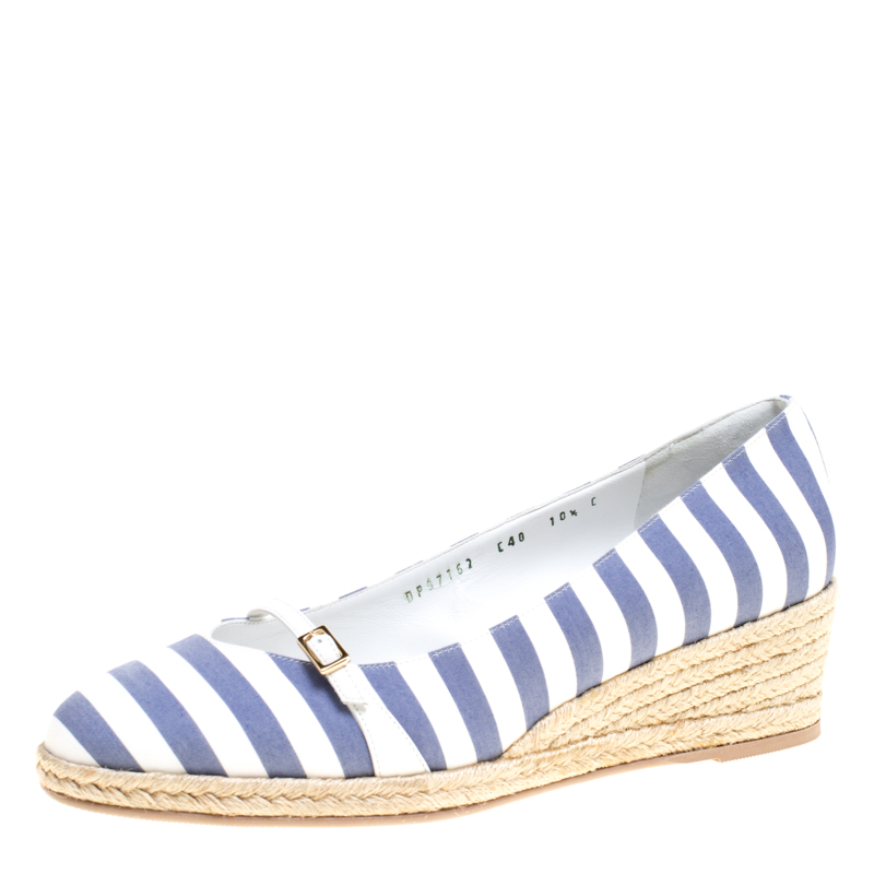 

Salvatore Ferragamo Two Tone Striped Canvas Audrey Wedge Espadrille Pumps Size, White