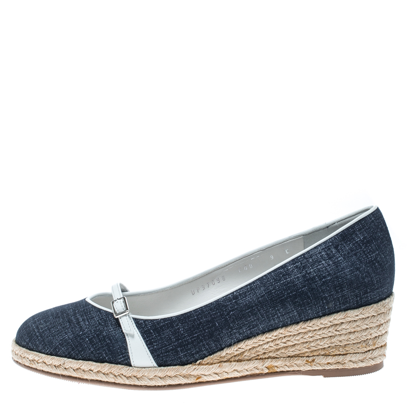 

Salvatore Ferragamo Blue Denim Finish Suede Audrey Wedge Espadrille Pumps Size