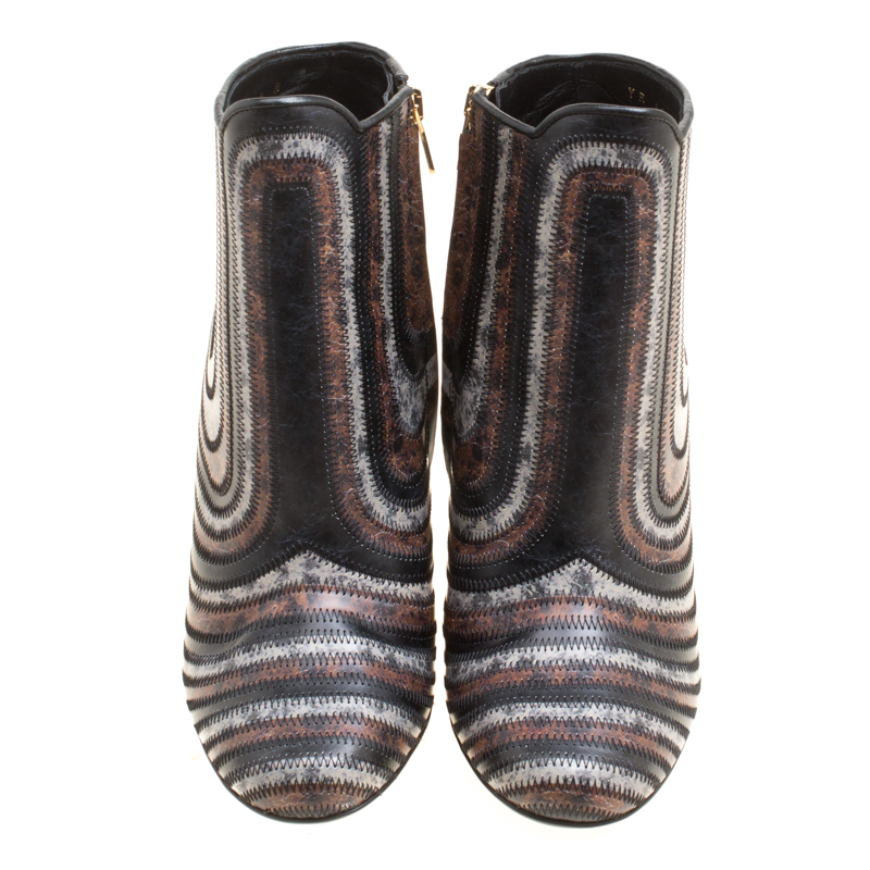 Salvatore Ferragamo Multicolor Leather Feeling Zig Zag Block Heel Ankle Boots Size 38.5