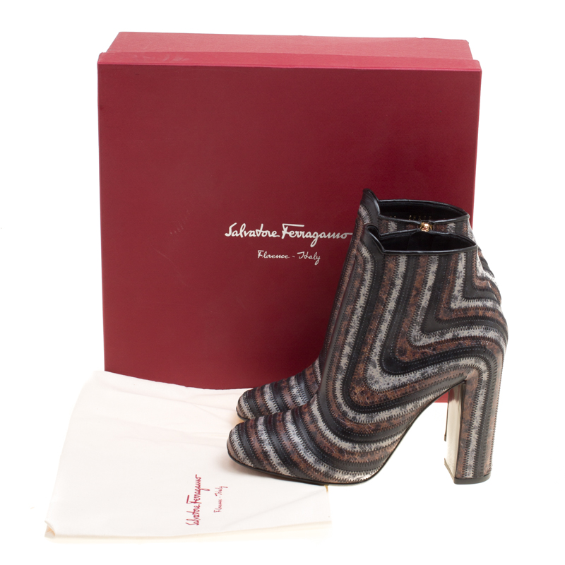 Salvatore Ferragamo Multicolor Leather Feeling Zig Zag Block Heel Ankle Boots Size 38.5