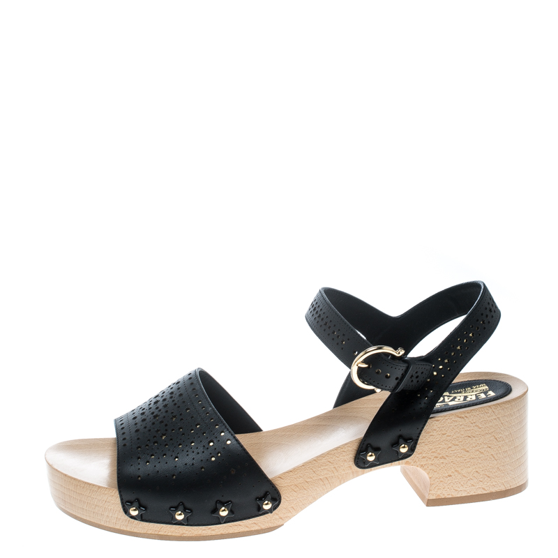

Salvatore Ferragamo Black Perforated Leather Ganga Clog Sandals Size