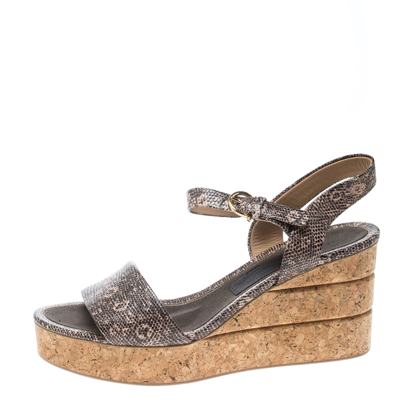 

Salvatore Ferragamo Two Tone Embossed Lizard Leather Madea Cork Wedge Sandals Size, Grey