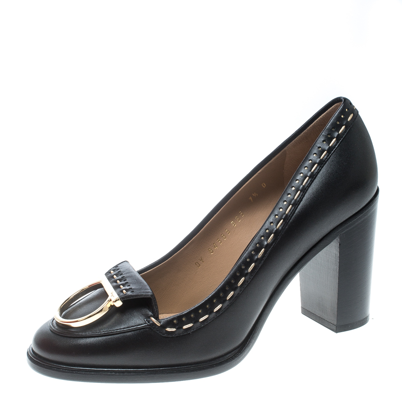 Pre Owned Salvatore Ferragamo Black Leather Fele Gancio Detail Block Heel Loafer Pumps Size 38