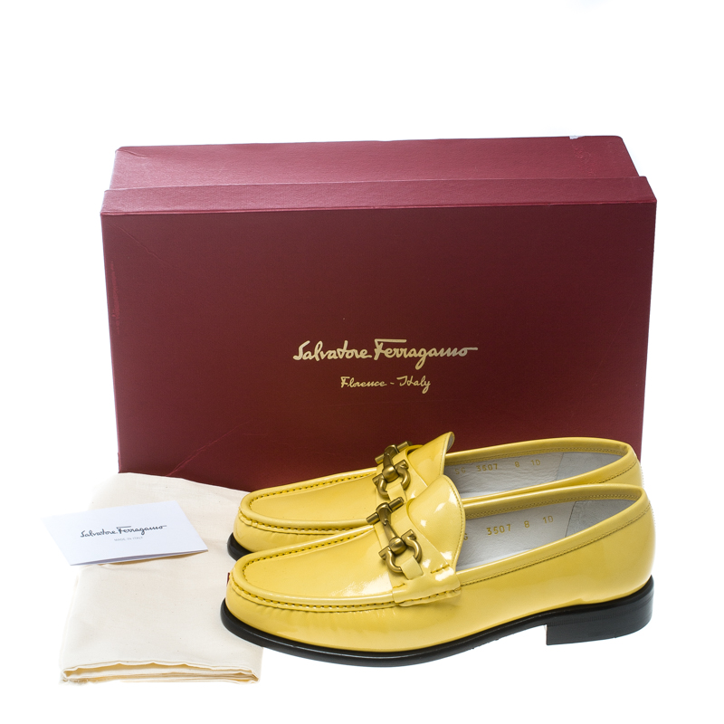 Salvatore Ferragamo Women Yellow Patent Leather Mason Gancio Bit Loafers Size 38.5