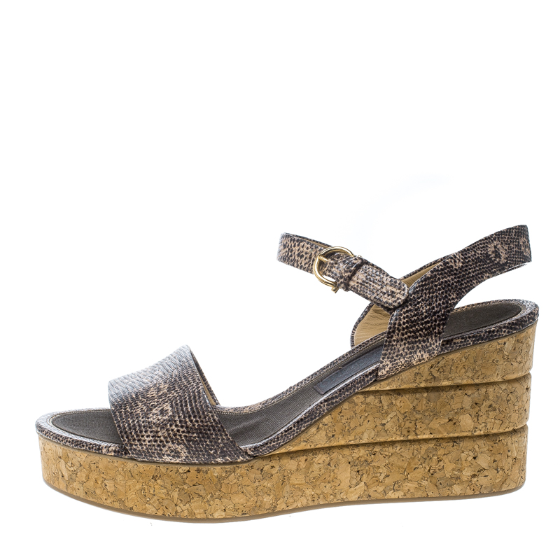 

Salvatore Ferragamo Two Tone Embossed Lizard Leather Madea Cork Wedge Sandals Size, Grey