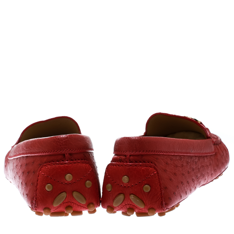 Salvatore Ferragamo Red Ostrich Leather Saba Loafers Size 40