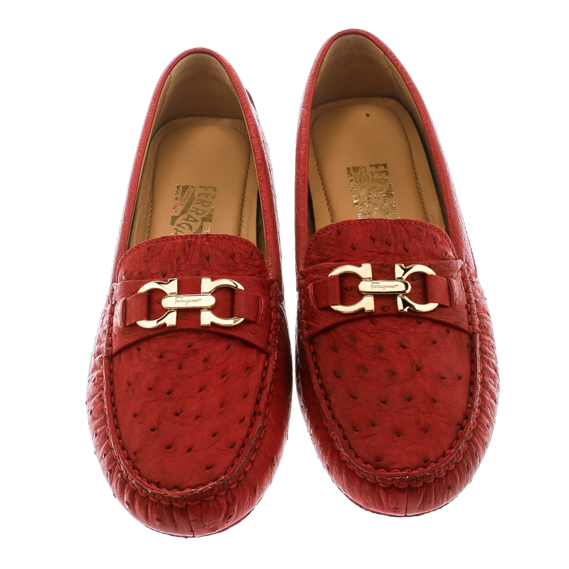Salvatore Ferragamo Red Ostrich Leather Saba Loafers Size 40