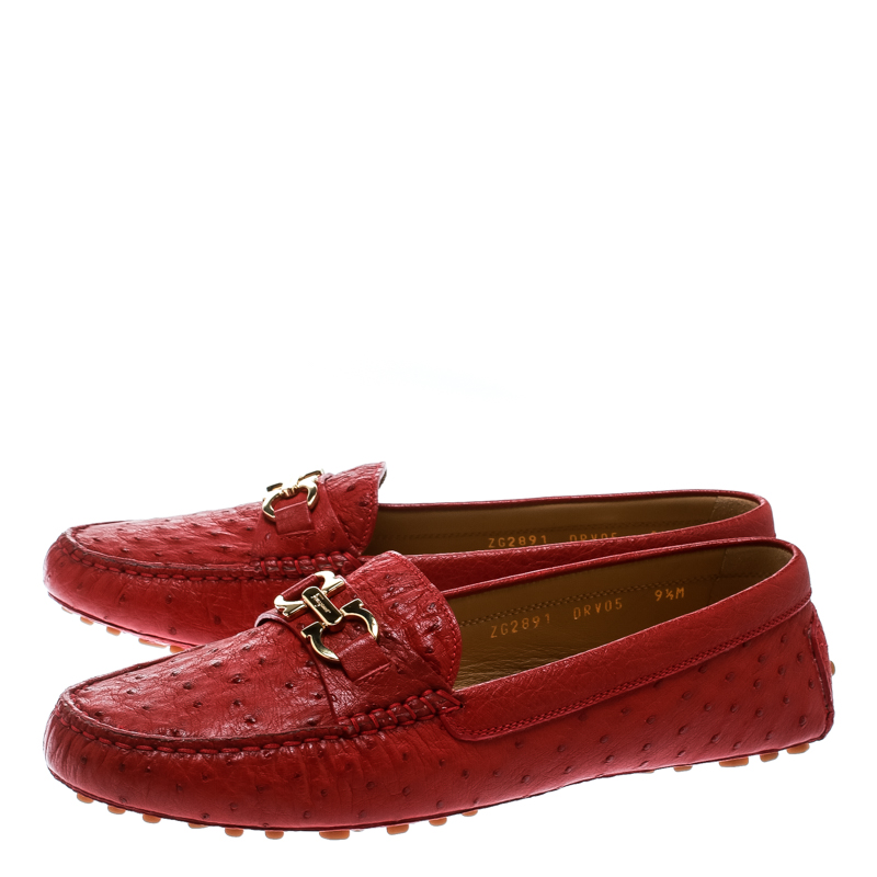 Salvatore Ferragamo Red Ostrich Leather Saba Loafers Size 40