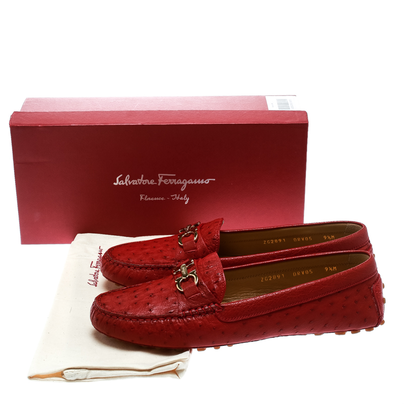 Salvatore Ferragamo Red Ostrich Leather Saba Loafers Size 40