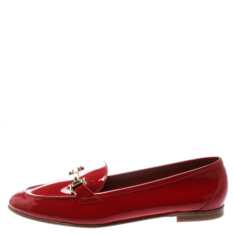 

Salvatore Ferragamo Red Patent Leather Funes Gancio Bit Loafers Size