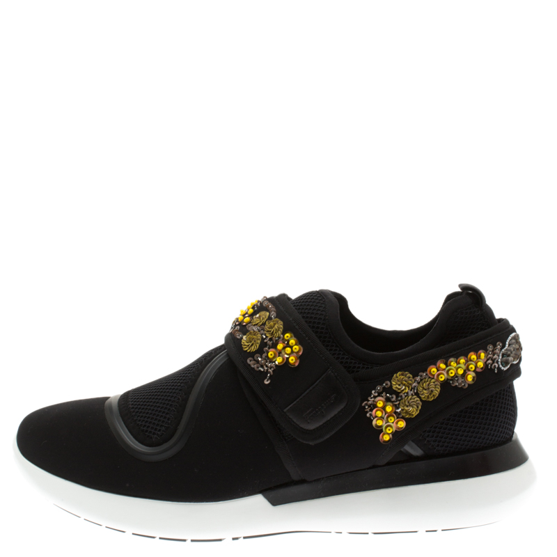 

Salvatore Ferragamo Black Embellished Fabric Alicidi Sneakers Size