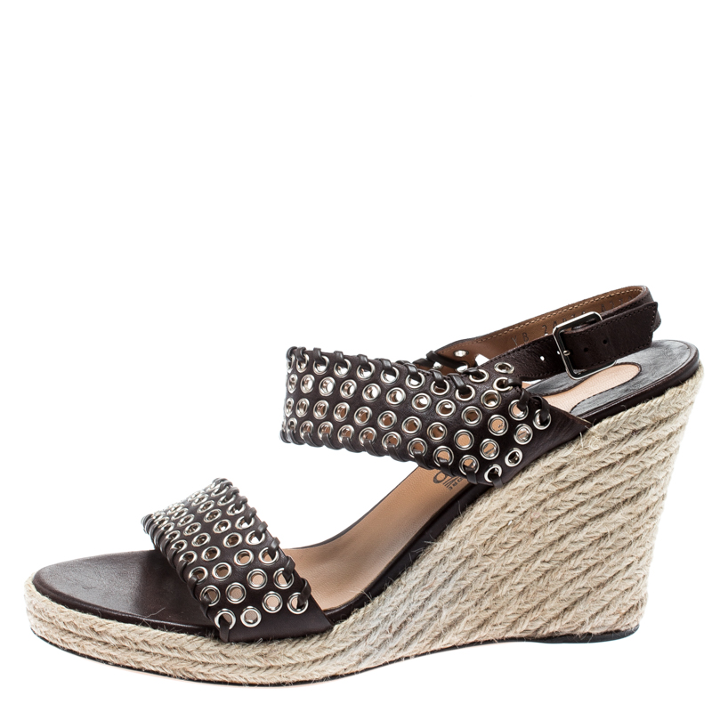 

Salvatore Ferragamo Brown Leather Eyelet Detail Espadrille Wedge Ankle Strap Sandals Size