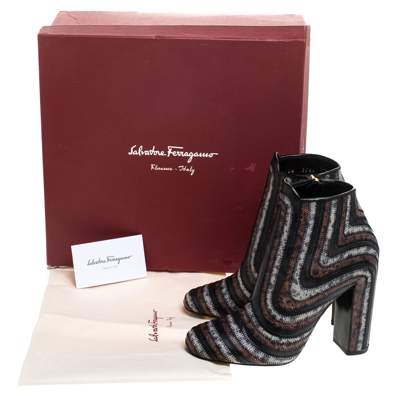 Salvatore Ferragamo Multicolor Leather Feeling Zig Zag Block Heel Ankle Boots Size 37.5 In Brown