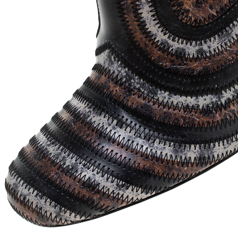 Salvatore Ferragamo Multicolor Leather Feeling Zig Zag Block Heel Ankle Boots Size 37.5 In Brown