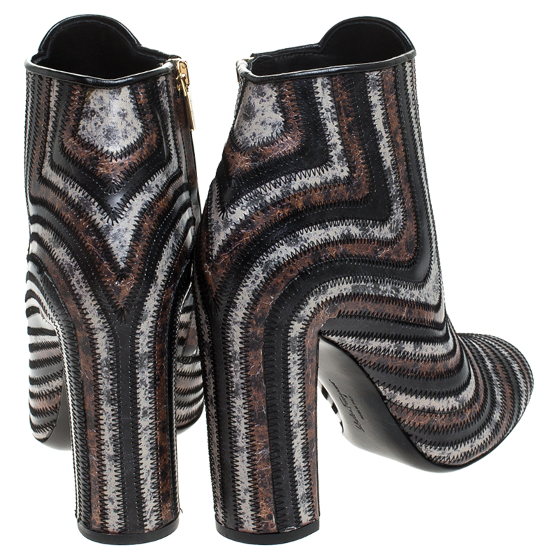 Salvatore Ferragamo Multicolor Leather Feeling Zig Zag Block Heel Ankle Boots Size 37.5 In Brown